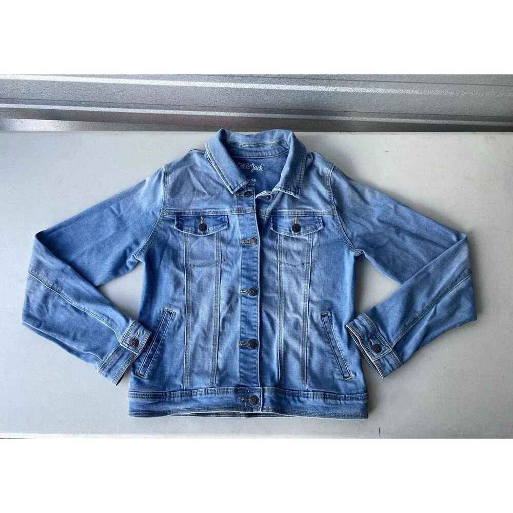 Cat & Jack Denim Jean Jacket Kids XL 14/16 Medium Wash Blue Trucker Snap Front.